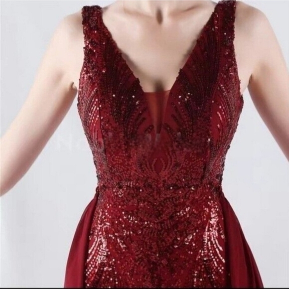 Red, Double V, Beaded Back, Draped Skirt, Sequined Mermaid Gown - Picture 12 of 15